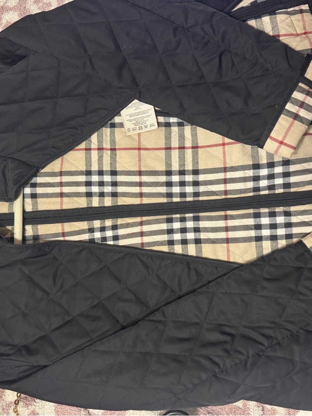 Quilted Black Jacket with Beige Plaid Lining